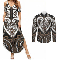 Custom Aotearoa Kati Mamoe Couples Matching Summer Maxi Dress and Long Sleeve Button Shirt Maori Tribal Pattern LT05 Brown - Polynesian Pride