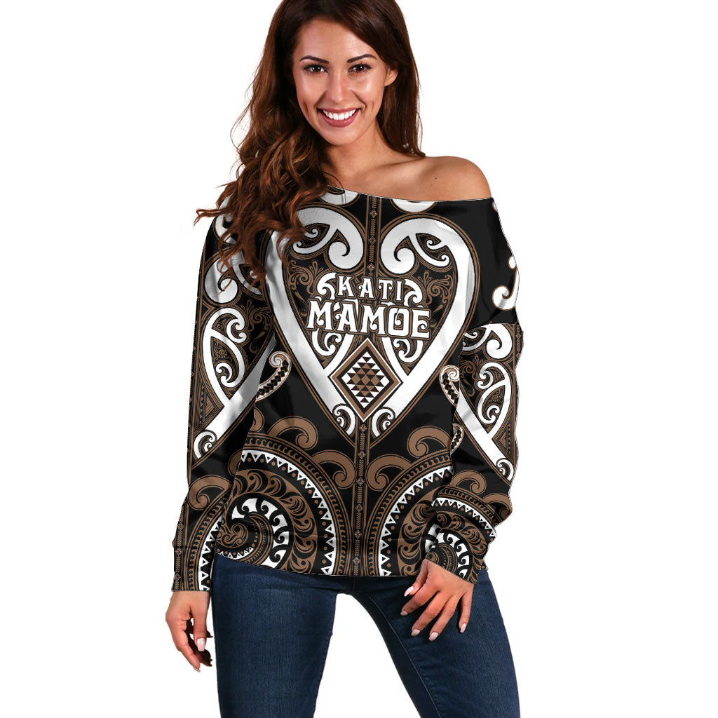 Custom Aotearoa Kati Mamoe Off Shoulder Sweater Maori Tribal Pattern LT05 Women Brown - Polynesian Pride