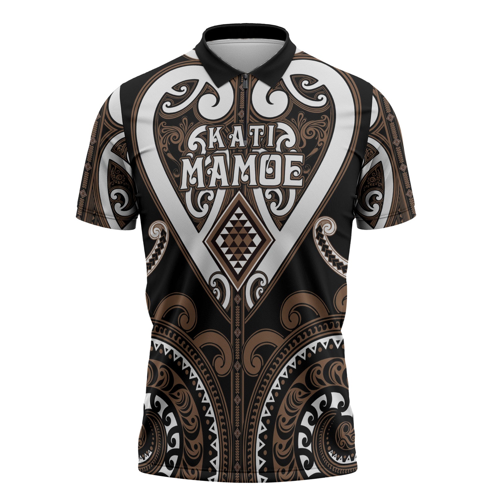 Custom Aotearoa Kati Mamoe Zipper Polo Shirt Maori Tribal Pattern LT05 Brown - Polynesian Pride