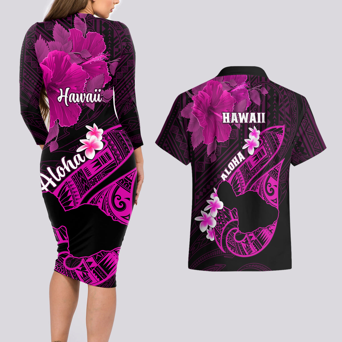 Hawaii Maui Couples Matching Long Sleeve Bodycon Dress and Hawaiian Shirt Polynesian Fish Hook Hibiscus Pink Version LT05 - Polynesian Pride