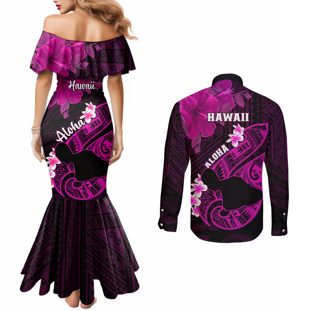 Hawaii Maui Couples Matching Mermaid Dress and Long Sleeve Button Shirts Polynesian Fish Hook Hibiscus Pink Version LT05 - Polynesian Pride