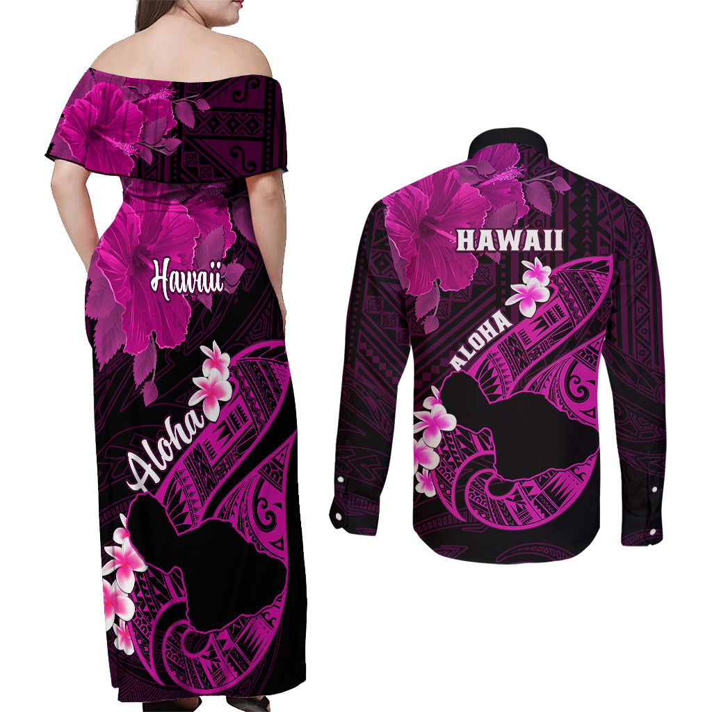 Hawaii Maui Couples Matching Off Shoulder Maxi Dress and Long Sleeve Button Shirts Polynesian Fish Hook Hibiscus Pink Version LT05 - Polynesian Pride