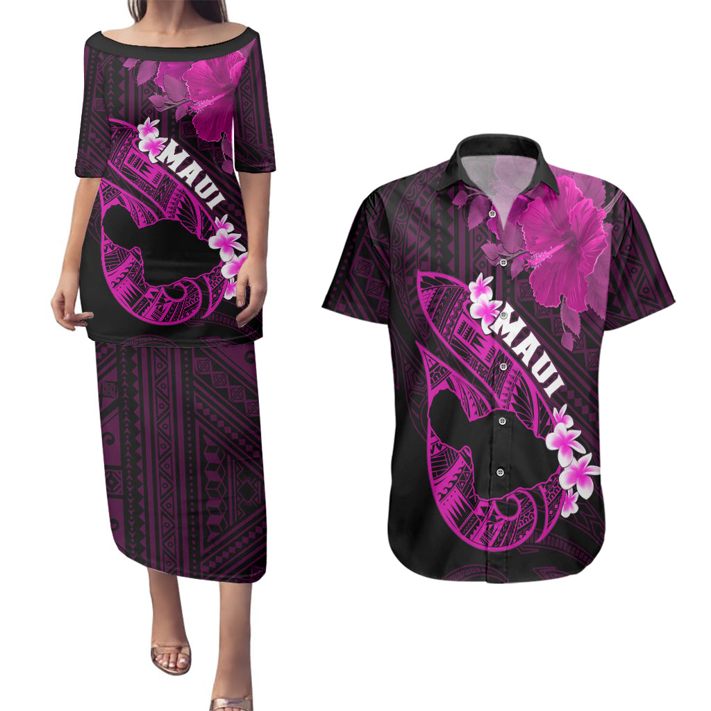 Hawaii Maui Couples Matching Puletasi Dress and Hawaiian Shirt Polynesian Fish Hook Hibiscus Pink Version LT05 Pink - Polynesian Pride