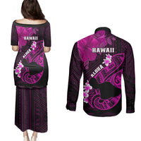 Hawaii Maui Couples Matching Puletasi Dress and Long Sleeve Button Shirts Polynesian Fish Hook Hibiscus Pink Version LT05 - Polynesian Pride