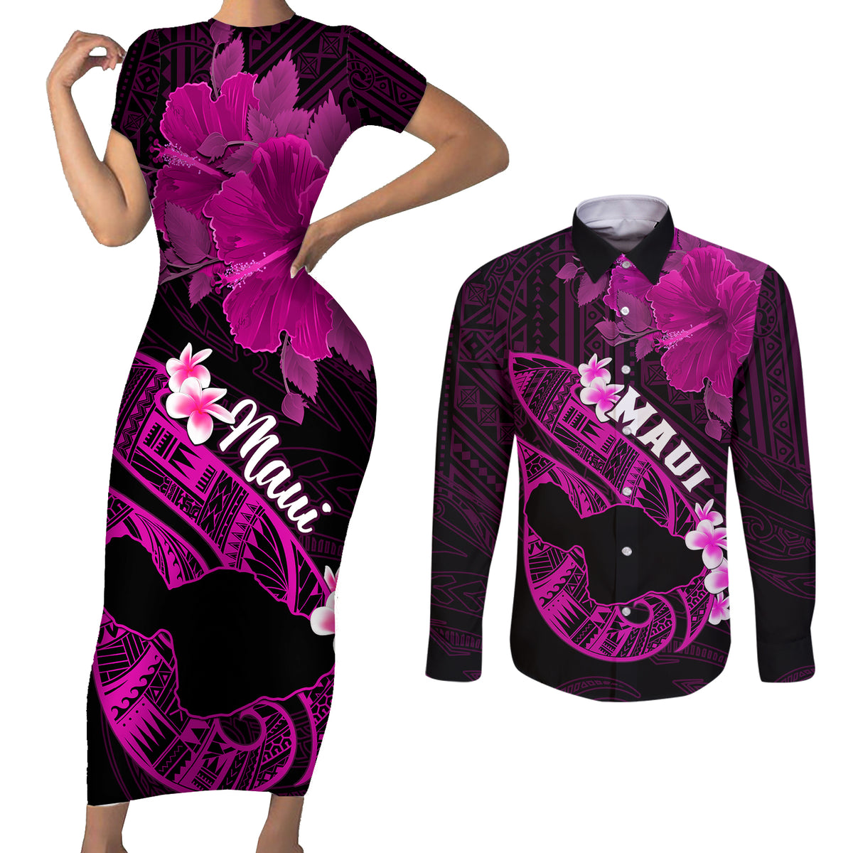 Hawaii Maui Couples Matching Short Sleeve Bodycon Dress and Long Sleeve Button Shirts Polynesian Fish Hook Hibiscus Pink Version LT05 Pink - Polynesian Pride
