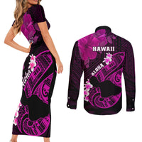 Hawaii Maui Couples Matching Short Sleeve Bodycon Dress and Long Sleeve Button Shirts Polynesian Fish Hook Hibiscus Pink Version LT05 - Polynesian Pride
