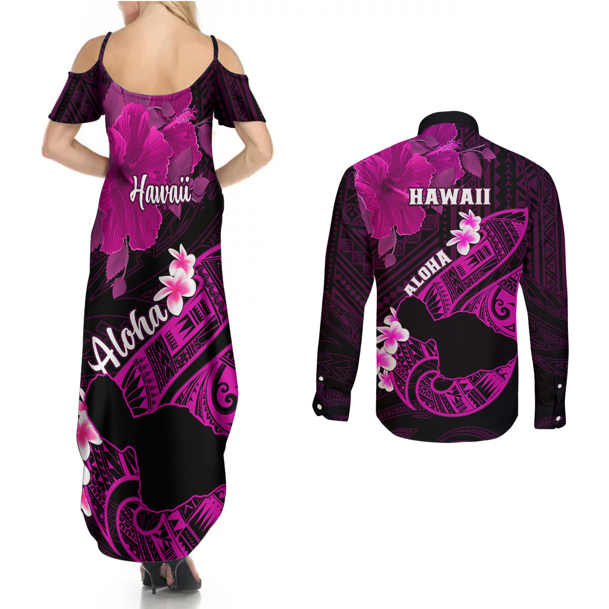 Hawaii Maui Couples Matching Summer Maxi Dress and Long Sleeve Button Shirts Polynesian Fish Hook Hibiscus Pink Version LT05 - Polynesian Pride