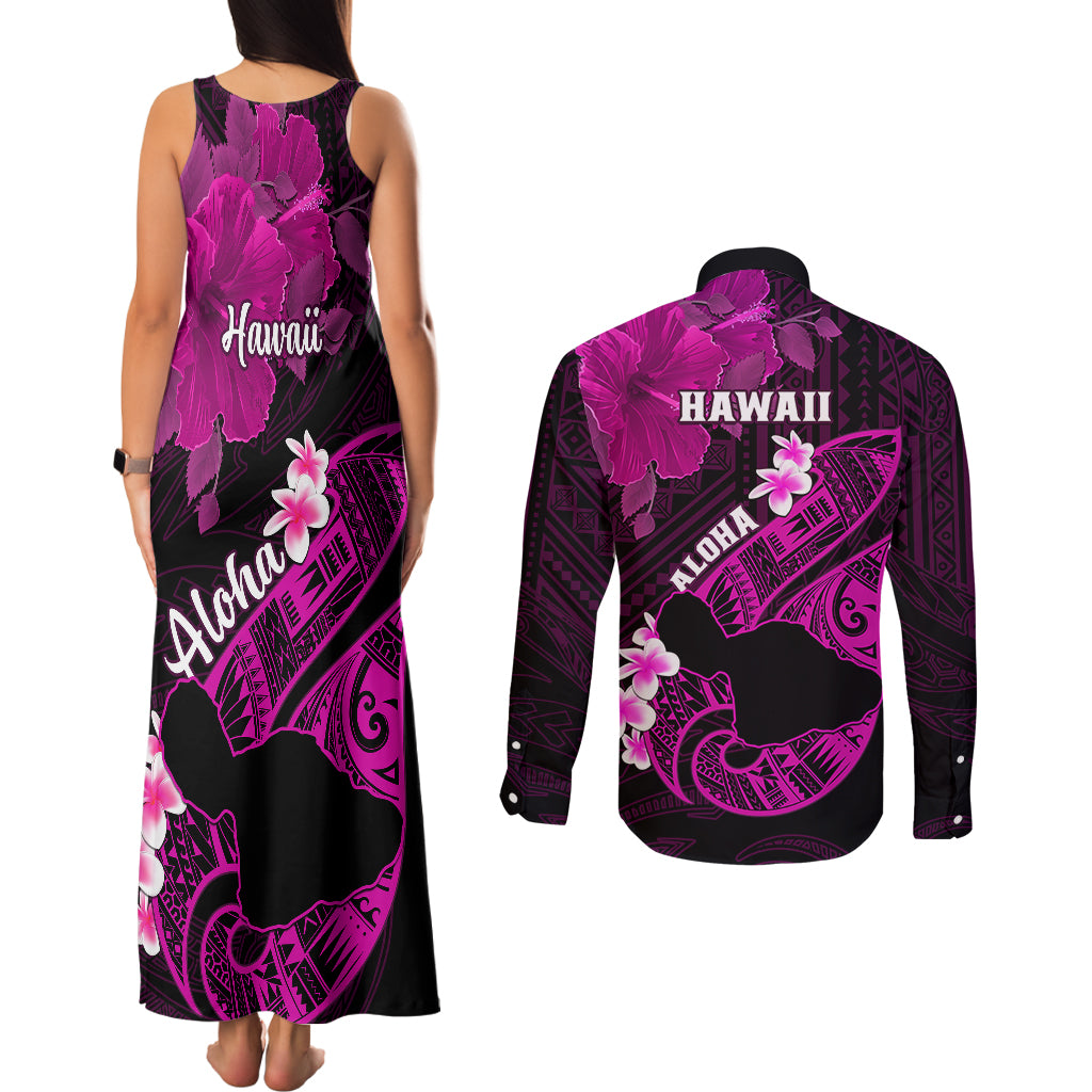 Hawaii Maui Couples Matching Tank Maxi Dress and Long Sleeve Button Shirts Polynesian Fish Hook Hibiscus Pink Version LT05 - Polynesian Pride