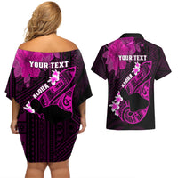 Personalized Hawaii Maui Couples Matching Off Shoulder Short Dress and Hawaiian Shirt Polynesian Fish Hook Hibiscus Pink Version LT05 - Polynesian Pride