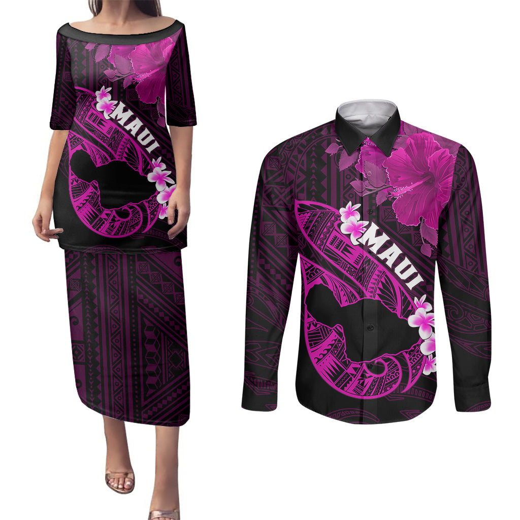 Personalized Hawaii Maui Couples Matching Puletasi Dress and Long Sleeve Button Shirts Polynesian Fish Hook Hibiscus Pink Version LT05 Pink - Polynesian Pride