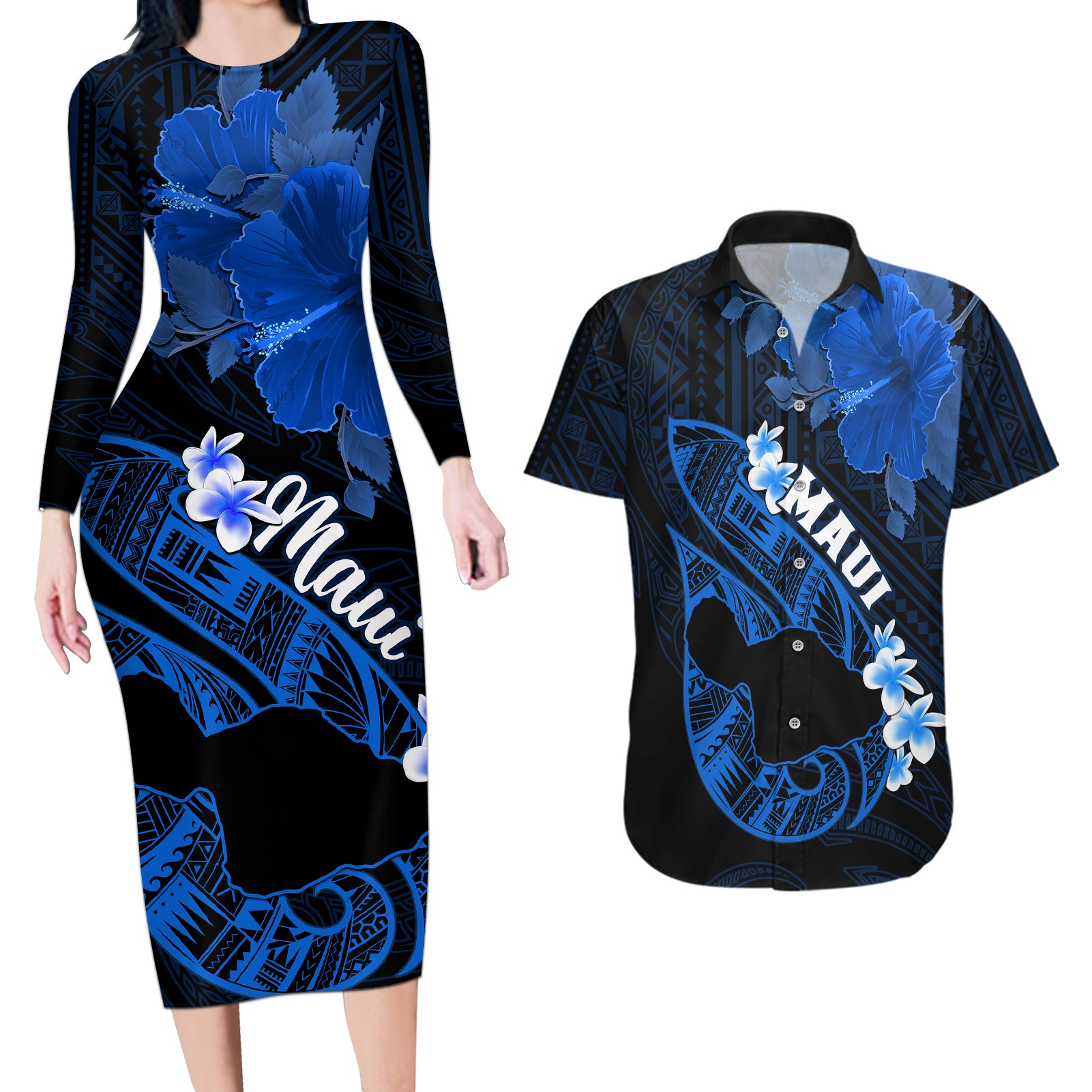 Hawaii Maui Couples Matching Long Sleeve Bodycon Dress and Hawaiian Shirt Polynesian Fish Hook Hibiscus Blue Version LT05 Blue - Polynesian Pride