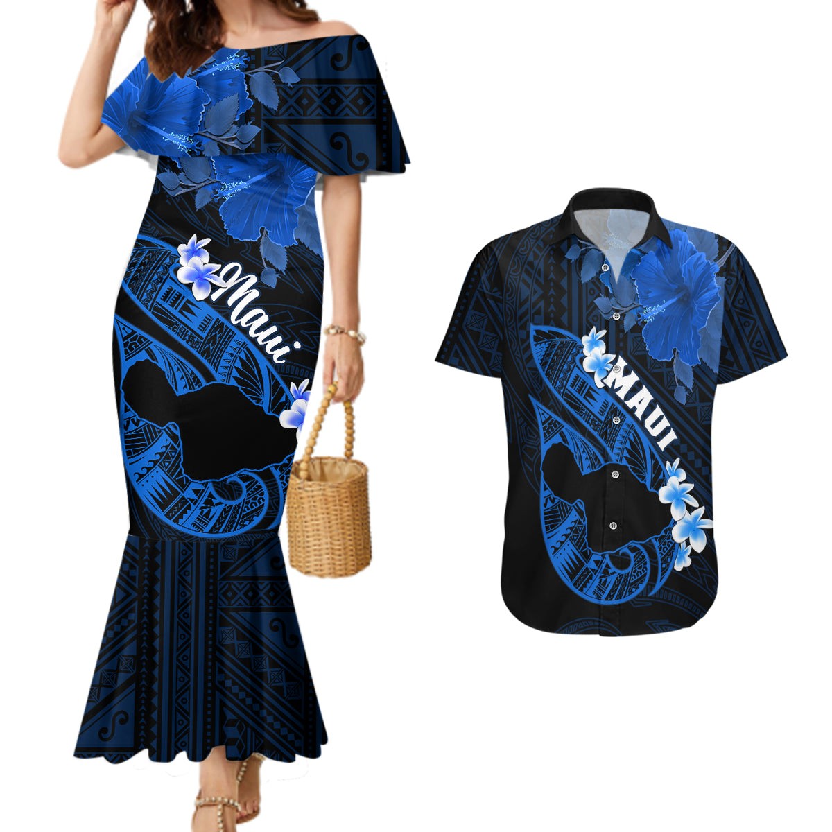 Hawaii Maui Couples Matching Mermaid Dress and Hawaiian Shirt Polynesian Fish Hook Hibiscus Blue Version LT05 Blue - Polynesian Pride