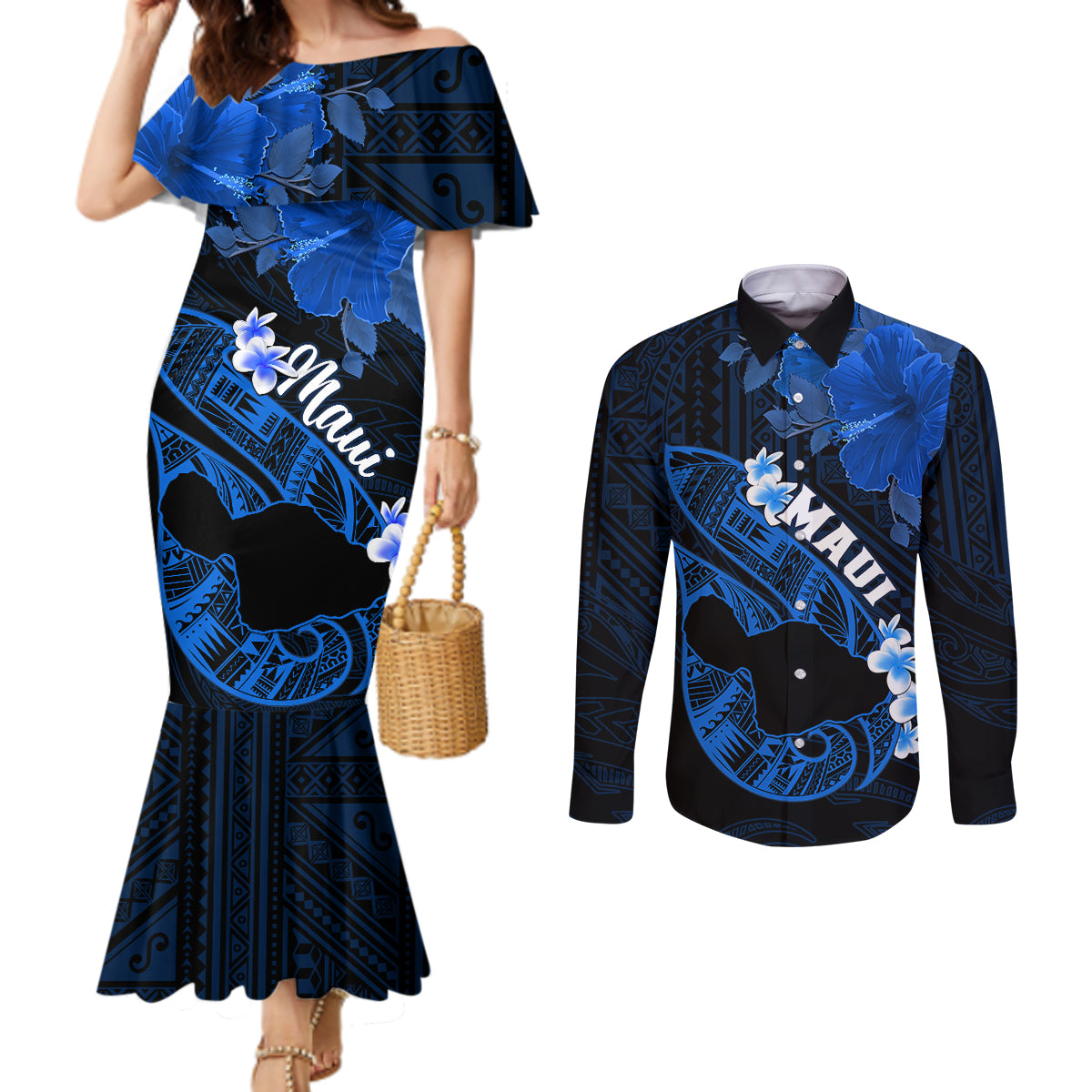Hawaii Maui Couples Matching Mermaid Dress and Long Sleeve Button Shirts Polynesian Fish Hook Hibiscus Blue Version LT05 Blue - Polynesian Pride