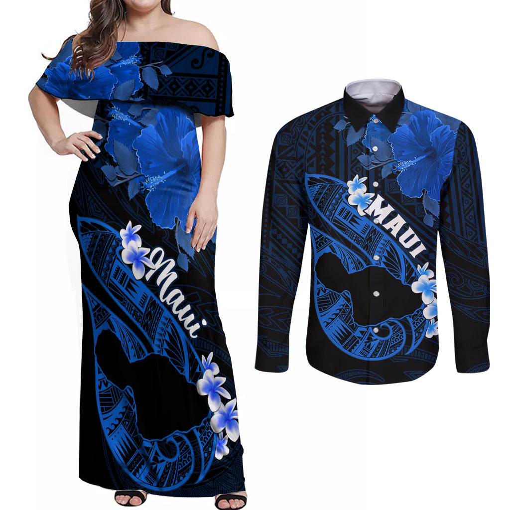 Hawaii Maui Couples Matching Off Shoulder Maxi Dress and Long Sleeve Button Shirts Polynesian Fish Hook Hibiscus Blue Version LT05 Blue - Polynesian Pride
