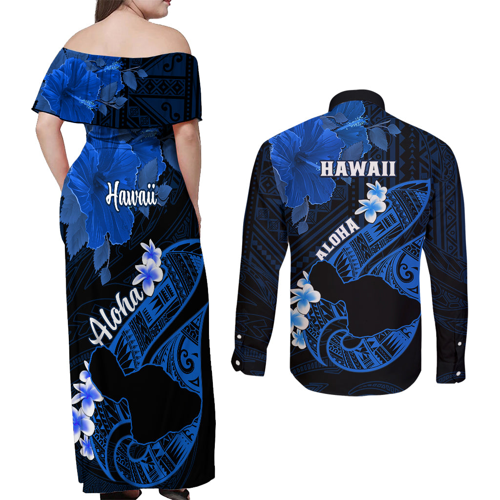 Hawaii Maui Couples Matching Off Shoulder Maxi Dress and Long Sleeve Button Shirts Polynesian Fish Hook Hibiscus Blue Version LT05 - Polynesian Pride