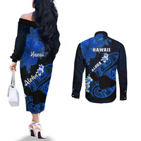 Hawaii Maui Couples Matching Off The Shoulder Long Sleeve Dress and Long Sleeve Button Shirts Polynesian Fish Hook Hibiscus Blue Version LT05 - Polynesian Pride