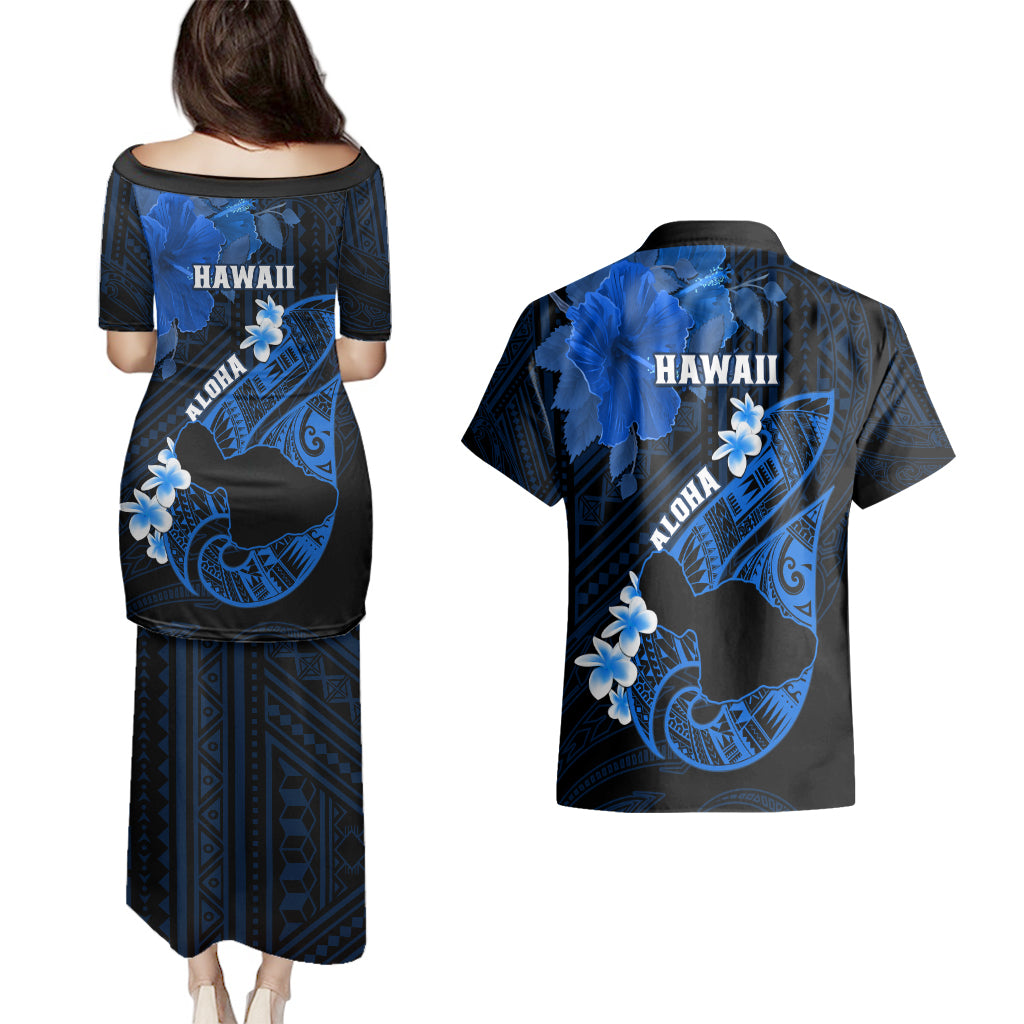 Hawaii Maui Couples Matching Puletasi Dress and Hawaiian Shirt Polynesian Fish Hook Hibiscus Blue Version LT05 - Polynesian Pride