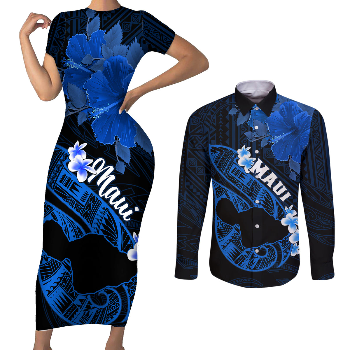 Hawaii Maui Couples Matching Short Sleeve Bodycon Dress and Long Sleeve Button Shirts Polynesian Fish Hook Hibiscus Blue Version LT05 Blue - Polynesian Pride