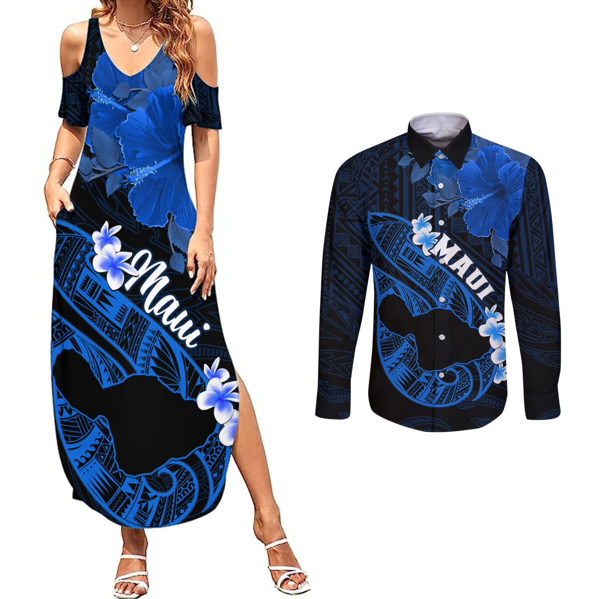 Hawaii Maui Couples Matching Summer Maxi Dress and Long Sleeve Button Shirts Polynesian Fish Hook Hibiscus Blue Version LT05 Blue - Polynesian Pride