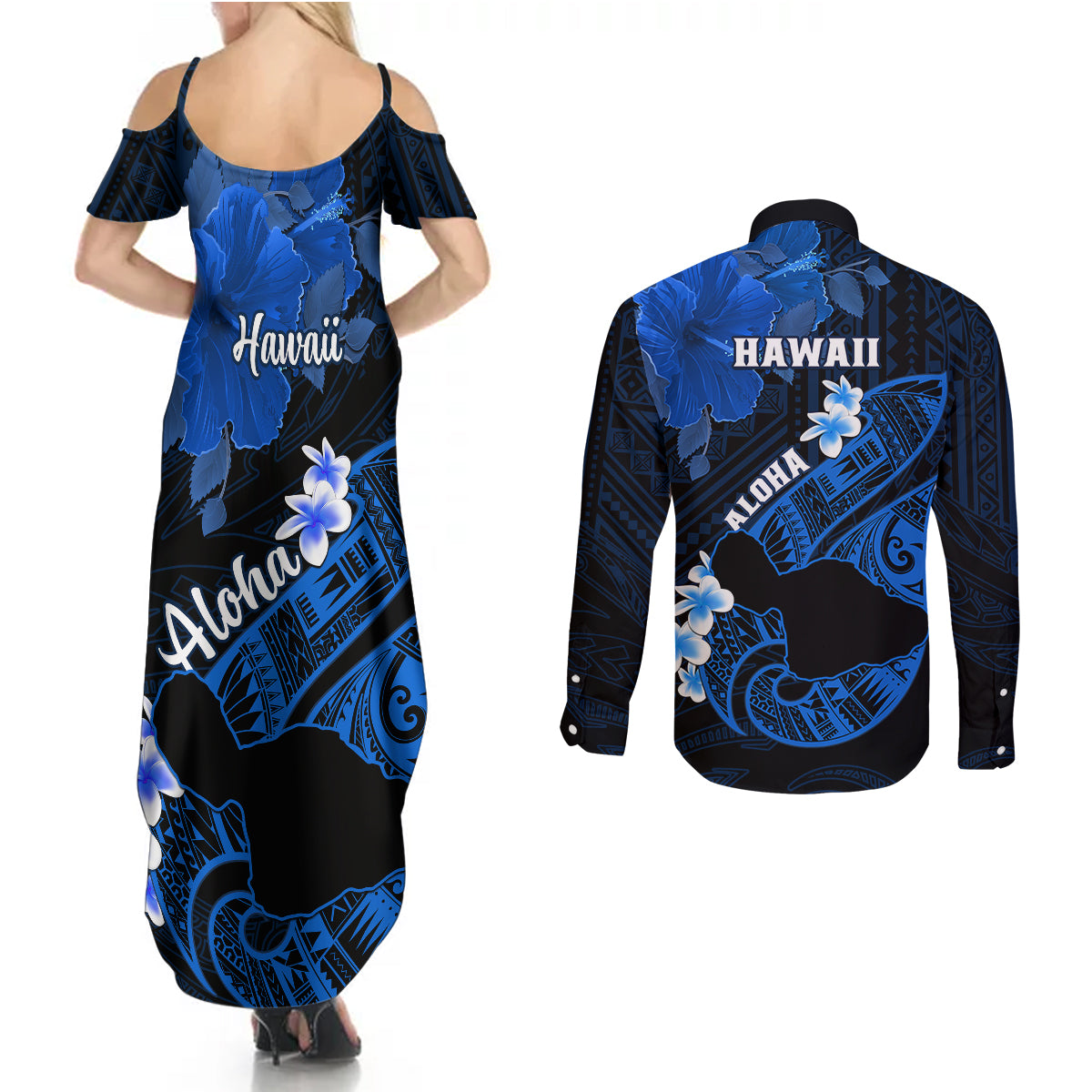 Hawaii Maui Couples Matching Summer Maxi Dress and Long Sleeve Button Shirts Polynesian Fish Hook Hibiscus Blue Version LT05 - Polynesian Pride