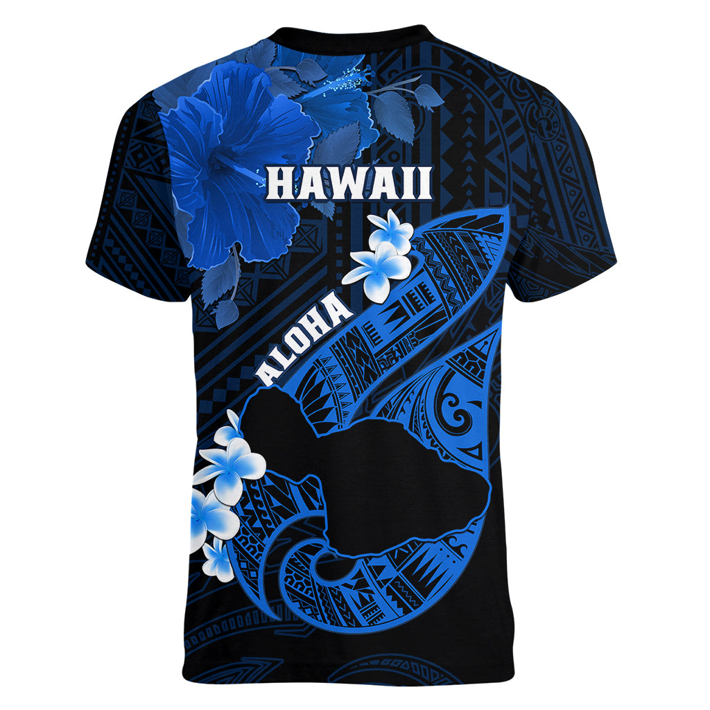 Hawaii Maui Women V Neck T Shirt Polynesian Fish Hook Hibiscus Blue Version LT05 - Polynesian Pride