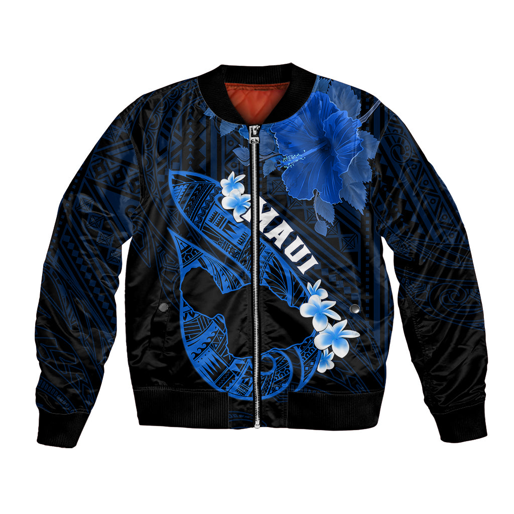 Personalized Hawaii Maui Bomber Jacket Polynesian Fish Hook Hibiscus Blue Version LT05 Unisex Blue - Polynesian Pride