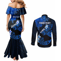 Personalized Hawaii Maui Couples Matching Mermaid Dress and Long Sleeve Button Shirts Polynesian Fish Hook Hibiscus Blue Version LT05 - Polynesian Pride