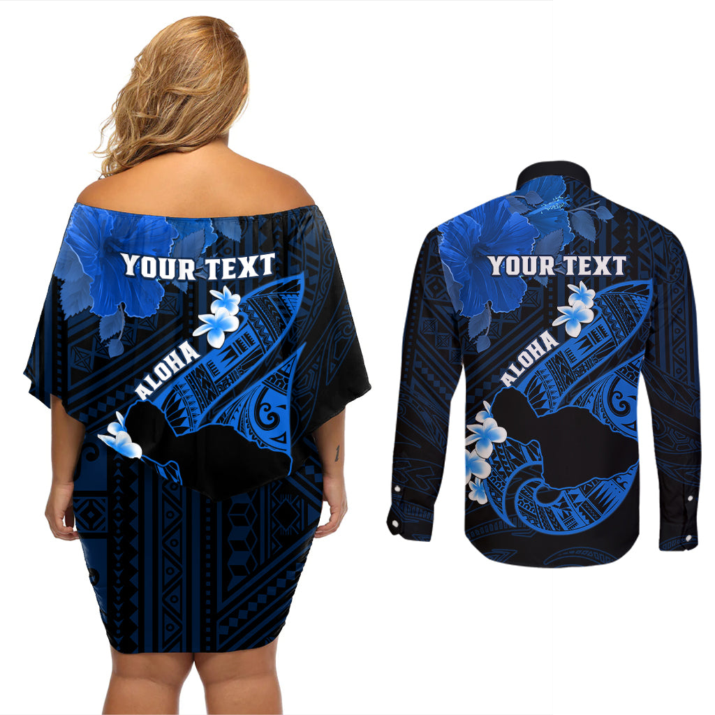 Personalized Hawaii Maui Couples Matching Off Shoulder Short Dress and Long Sleeve Button Shirts Polynesian Fish Hook Hibiscus Blue Version LT05 - Polynesian Pride