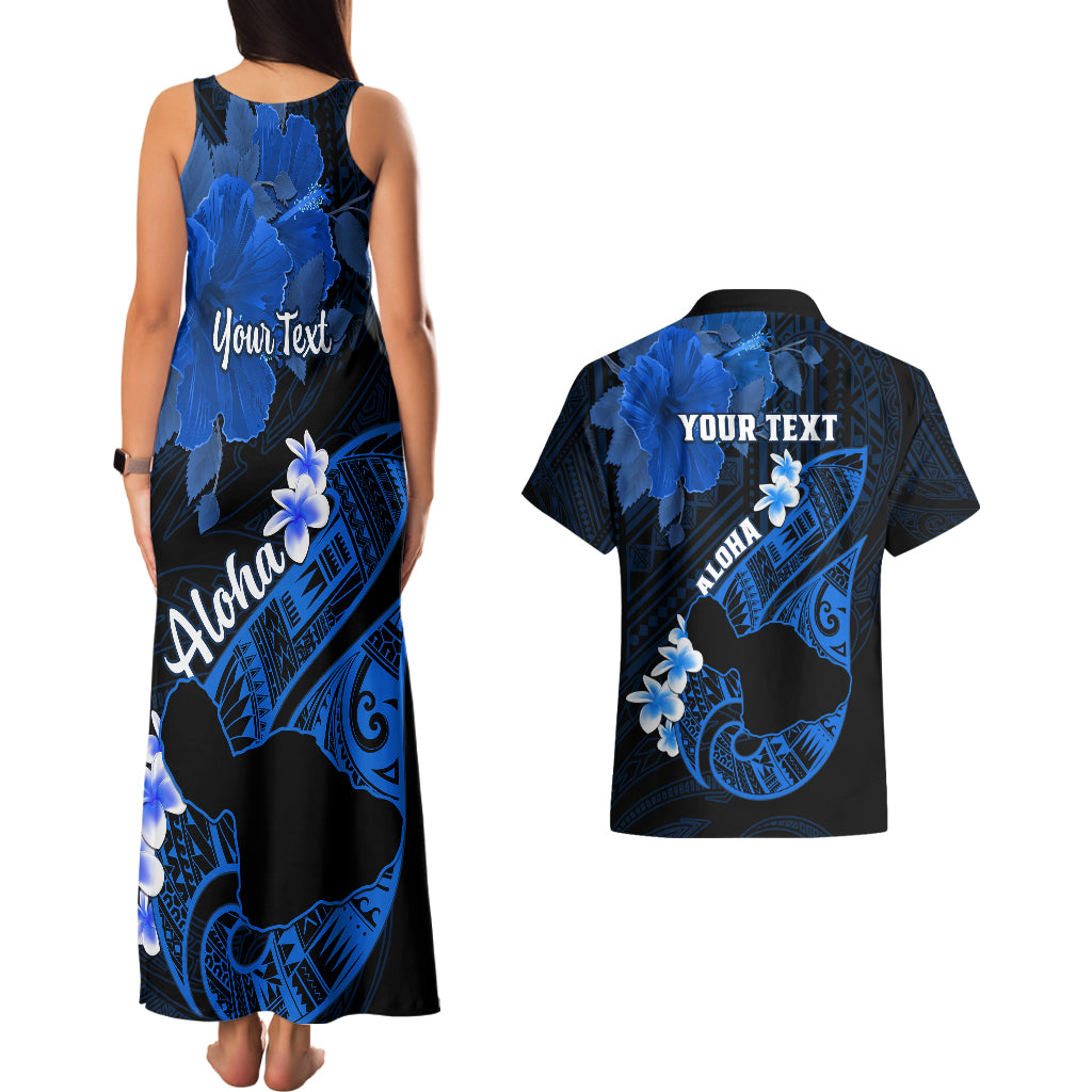 Personalized Hawaii Maui Couples Matching Tank Maxi Dress and Hawaiian Shirt Polynesian Fish Hook Hibiscus Blue Version LT05 - Polynesian Pride