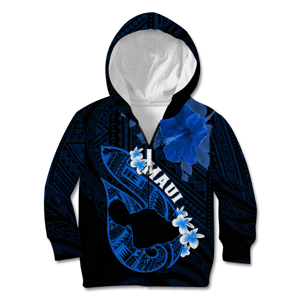 Personalized Hawaii Maui Kid Hoodie Polynesian Fish Hook Hibiscus Blue Version LT05 Zip Hoodie Blue - Polynesian Pride