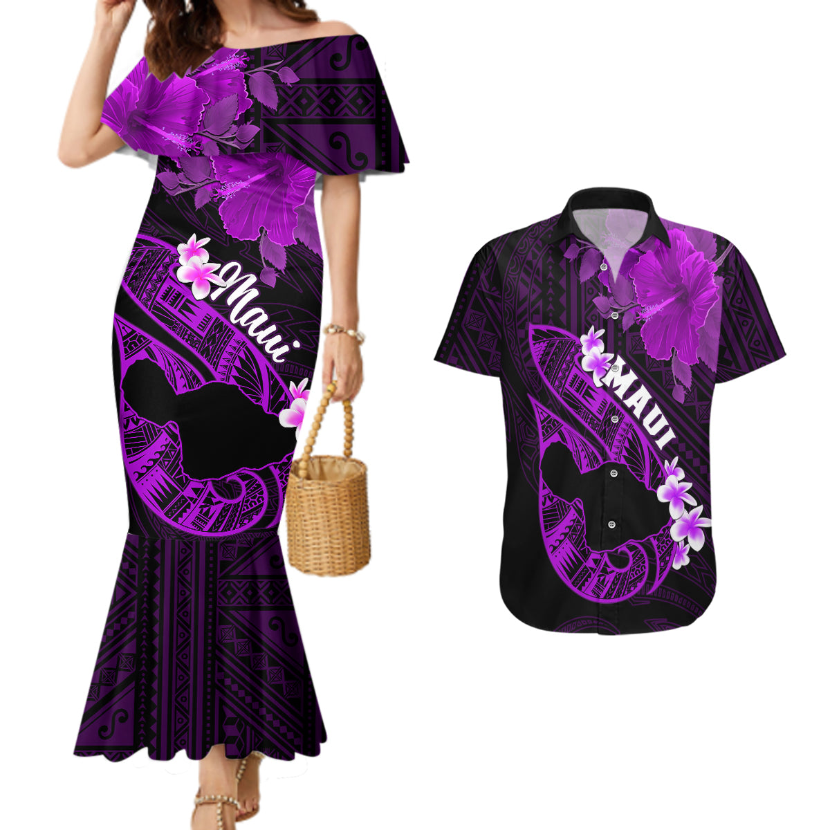 Personalized Hawaii Maui Couples Matching Mermaid Dress and Hawaiian Shirt Polynesian Fish Hook Hibiscus Purple Version LT05 Purple - Polynesian Pride