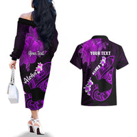 Personalized Hawaii Maui Couples Matching Off The Shoulder Long Sleeve Dress and Hawaiian Shirt Polynesian Fish Hook Hibiscus Purple Version LT05 - Polynesian Pride