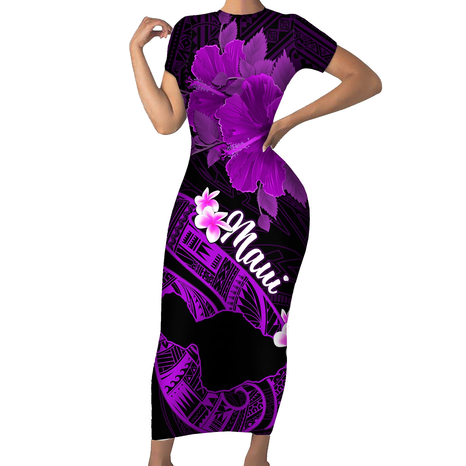 Personalized Hawaii Maui Short Sleeve Bodycon Dress Polynesian Fish Hook Hibiscus Purple Version LT05 Long Dress Purple - Polynesian Pride