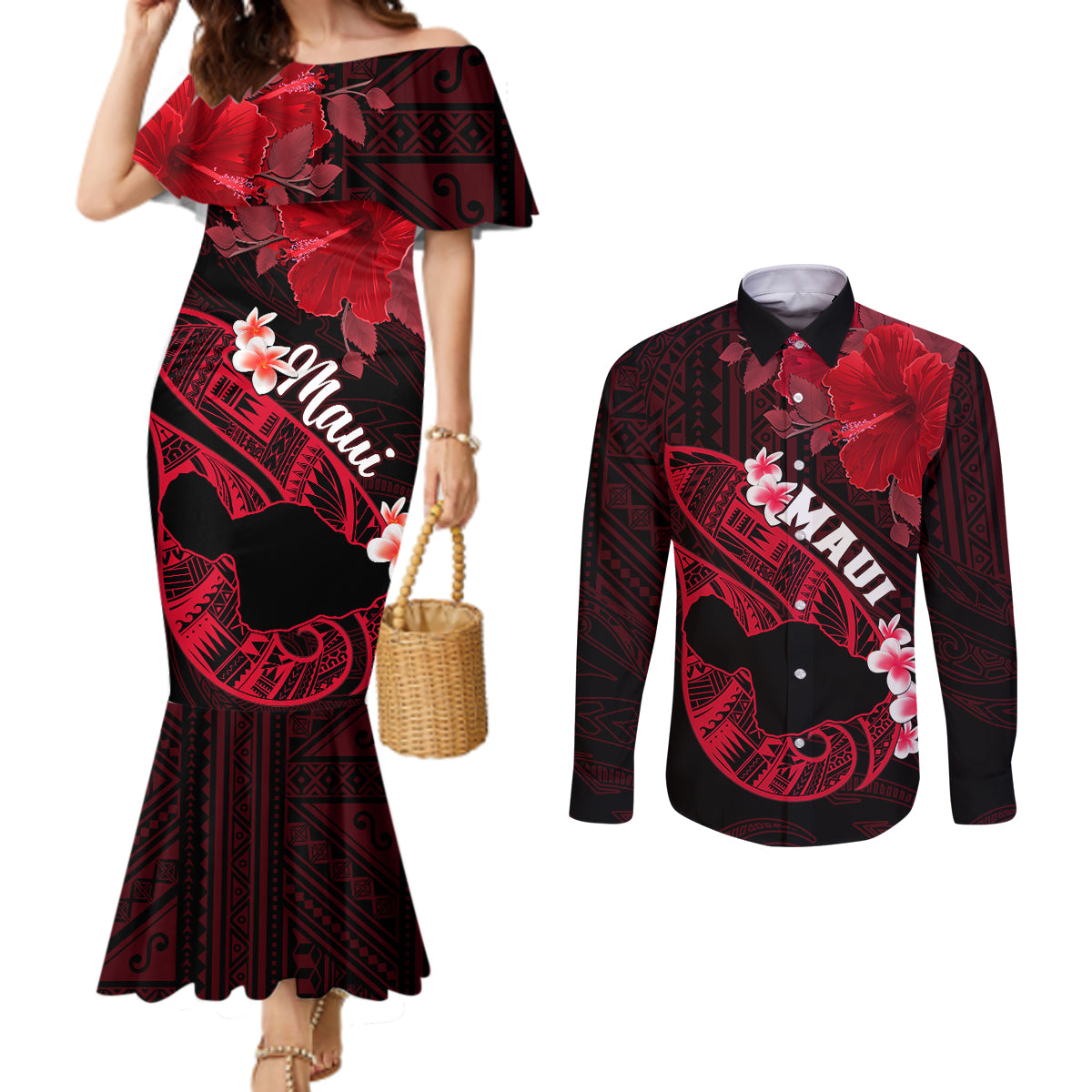 Hawaii Maui Couples Matching Mermaid Dress and Long Sleeve Button Shirts Polynesian Fish Hook Hibiscus Red Version LT05 Red - Polynesian Pride