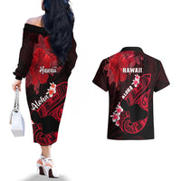 Hawaii Maui Couples Matching Off The Shoulder Long Sleeve Dress and Hawaiian Shirt Polynesian Fish Hook Hibiscus Red Version LT05 - Polynesian Pride