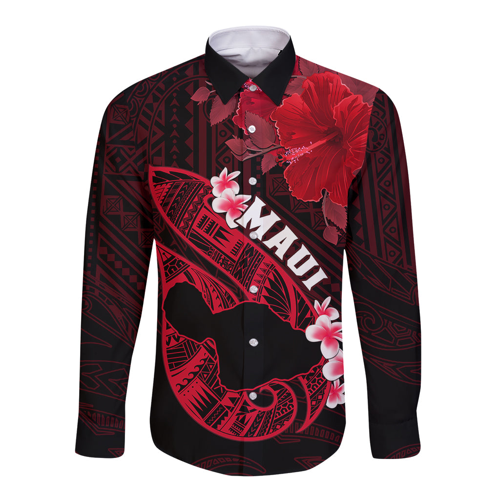 Hawaii Maui Long Sleeve Button Shirt Polynesian Fish Hook Hibiscus Red Version LT05 Unisex Red - Polynesian Pride