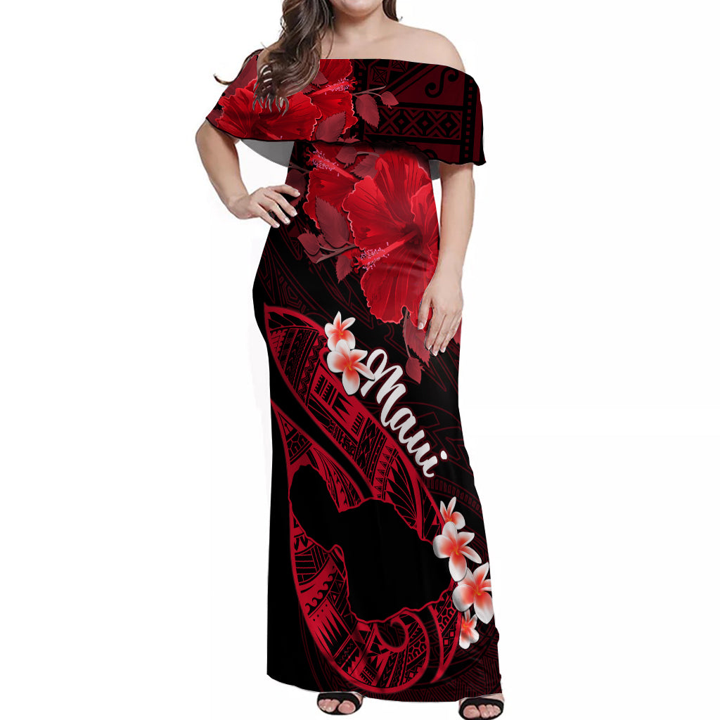 Hawaii Maui Off Shoulder Maxi Dress Polynesian Fish Hook Hibiscus Red Version LT05 Women Red - Polynesian Pride