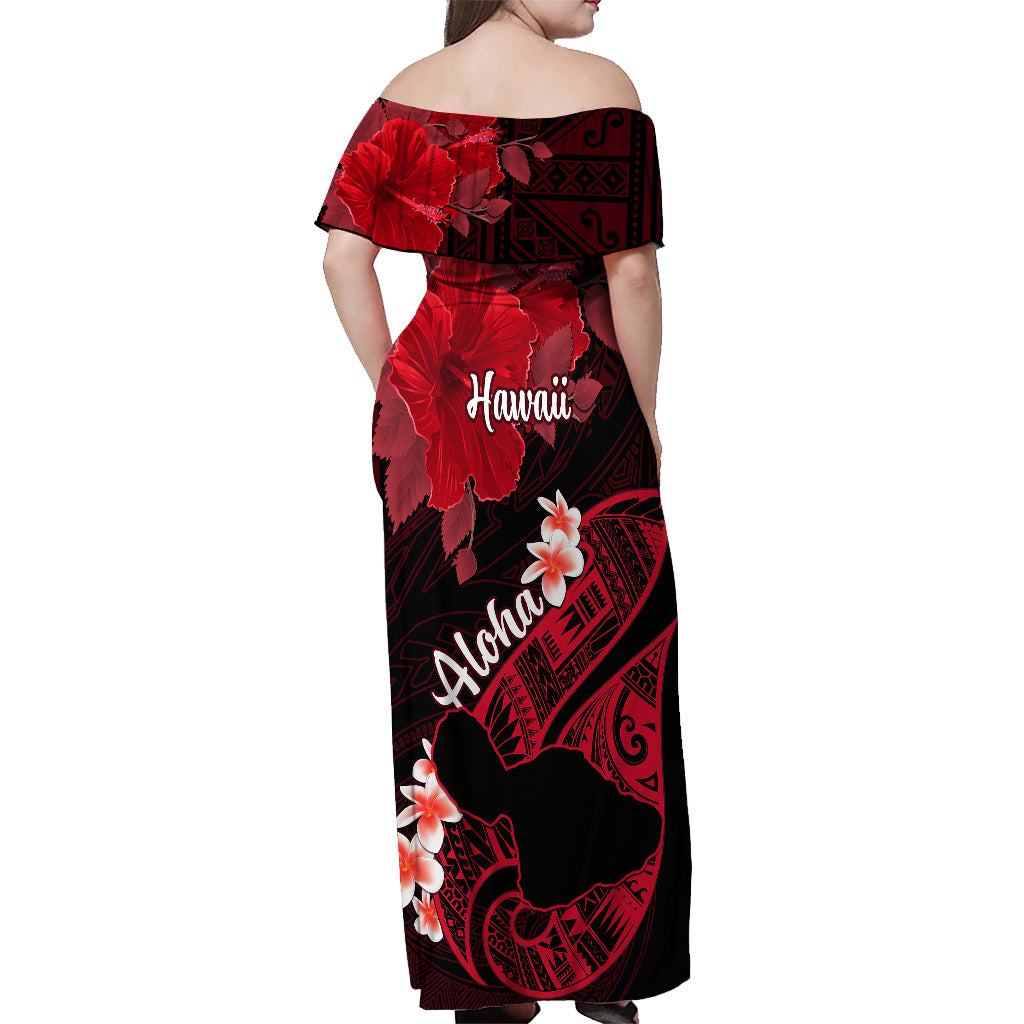 Hawaii Maui Off Shoulder Maxi Dress Polynesian Fish Hook Hibiscus Red Version LT05 - Polynesian Pride