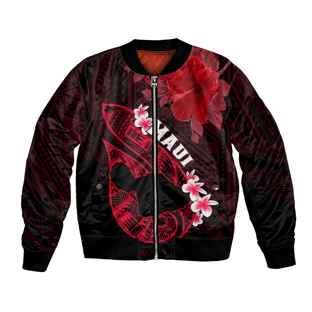 Hawaii Maui Sleeve Zip Bomber Jacket Polynesian Fish Hook Hibiscus Red Version LT05 Unisex Red - Polynesian Pride