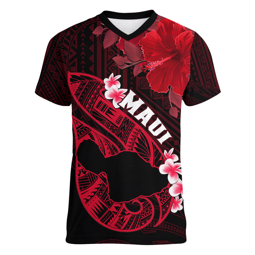Hawaii Maui Women V Neck T Shirt Polynesian Fish Hook Hibiscus Red Version LT05 Female Red - Polynesian Pride