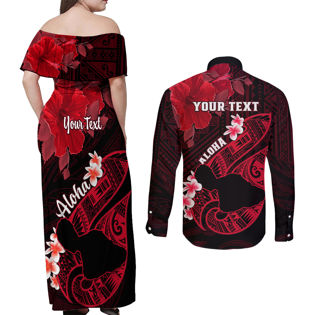 Personalized Hawaii Maui Couples Matching Off Shoulder Maxi Dress and Long Sleeve Button Shirts Polynesian Fish Hook Hibiscus Red Version LT05 - Polynesian Pride