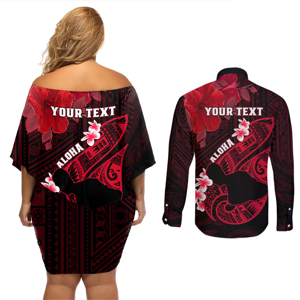 Personalized Hawaii Maui Couples Matching Off Shoulder Short Dress and Long Sleeve Button Shirts Polynesian Fish Hook Hibiscus Red Version LT05 - Polynesian Pride