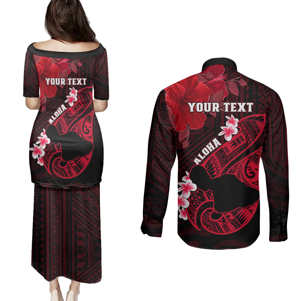 Personalized Hawaii Maui Couples Matching Puletasi Dress and Long Sleeve Button Shirts Polynesian Fish Hook Hibiscus Red Version LT05 - Polynesian Pride