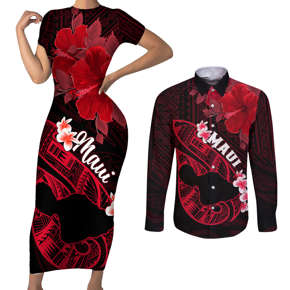 Personalized Hawaii Maui Couples Matching Short Sleeve Bodycon Dress and Long Sleeve Button Shirts Polynesian Fish Hook Hibiscus Red Version LT05 Red - Polynesian Pride