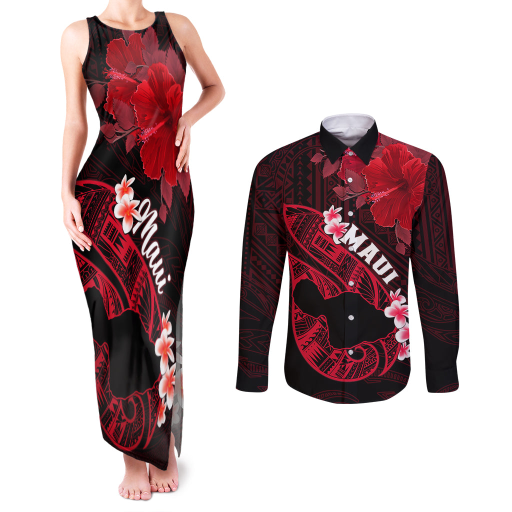 Personalized Hawaii Maui Couples Matching Tank Maxi Dress and Long Sleeve Button Shirts Polynesian Fish Hook Hibiscus Red Version LT05 Red - Polynesian Pride