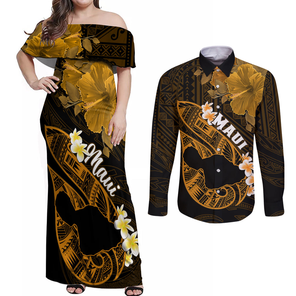 Hawaii Maui Couples Matching Off Shoulder Maxi Dress and Long Sleeve Button Shirts Polynesian Fish Hook Hibiscus Gold Version LT05 Gold - Polynesian Pride