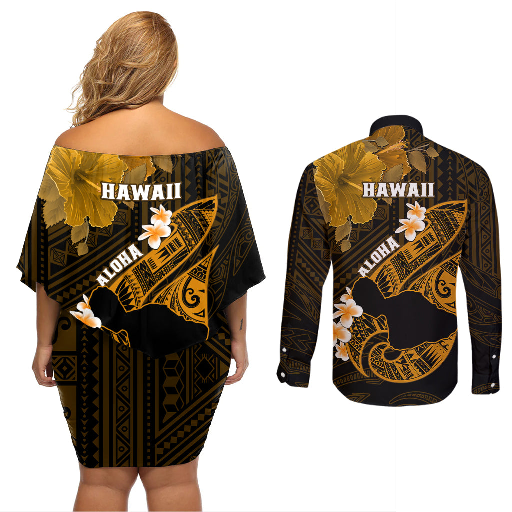 Hawaii Maui Couples Matching Off Shoulder Short Dress and Long Sleeve Button Shirts Polynesian Fish Hook Hibiscus Gold Version LT05 - Polynesian Pride