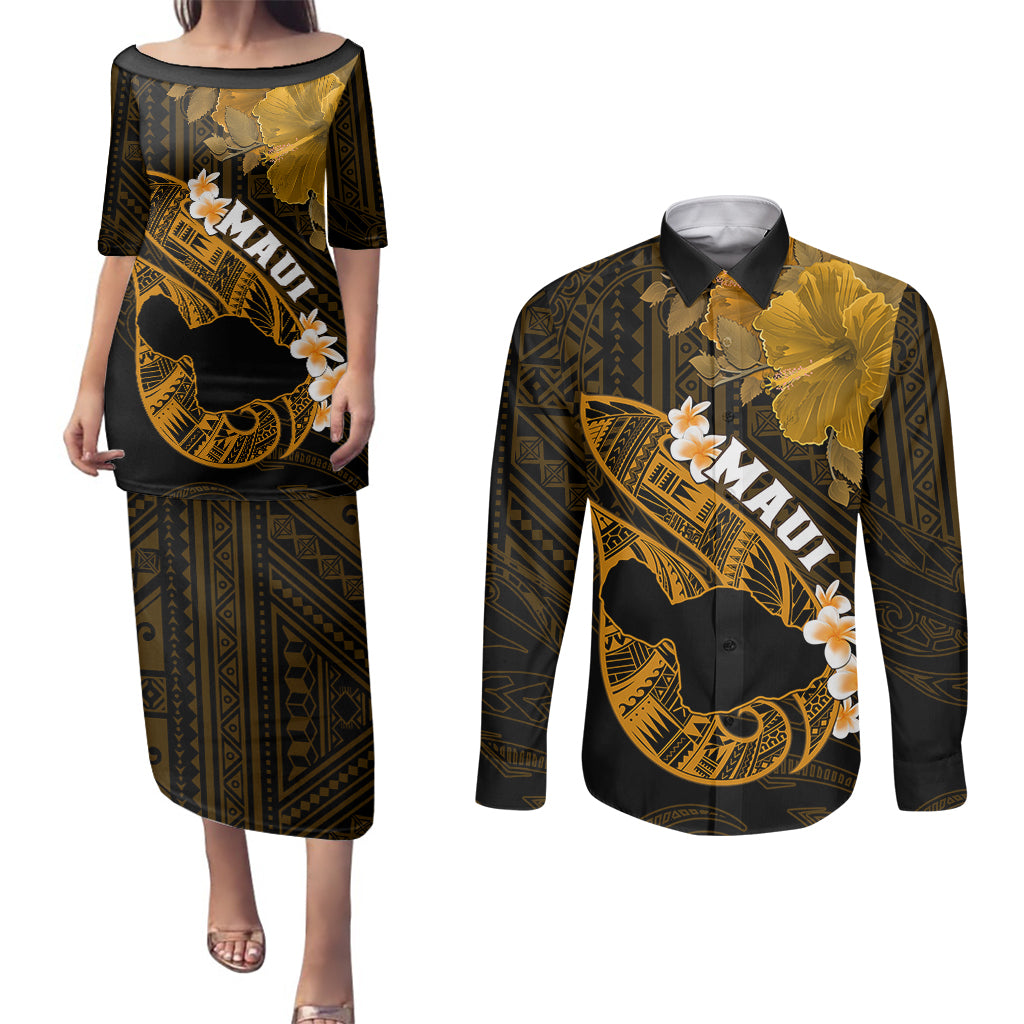 Hawaii Maui Couples Matching Puletasi Dress and Long Sleeve Button Shirts Polynesian Fish Hook Hibiscus Gold Version LT05 Gold - Polynesian Pride