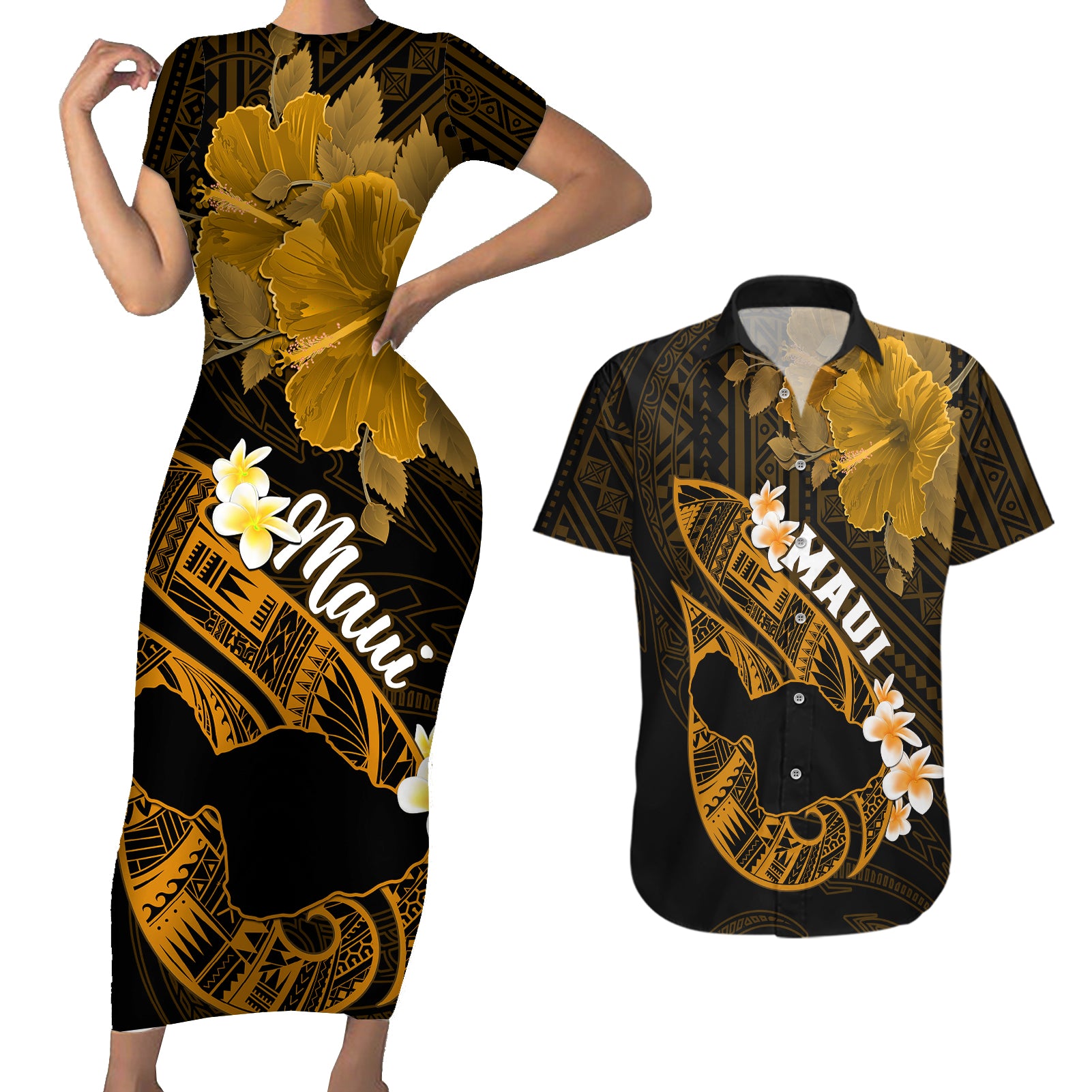 Hawaii Maui Couples Matching Short Sleeve Bodycon Dress and Hawaiian Shirt Polynesian Fish Hook Hibiscus Gold Version LT05 Gold - Polynesian Pride