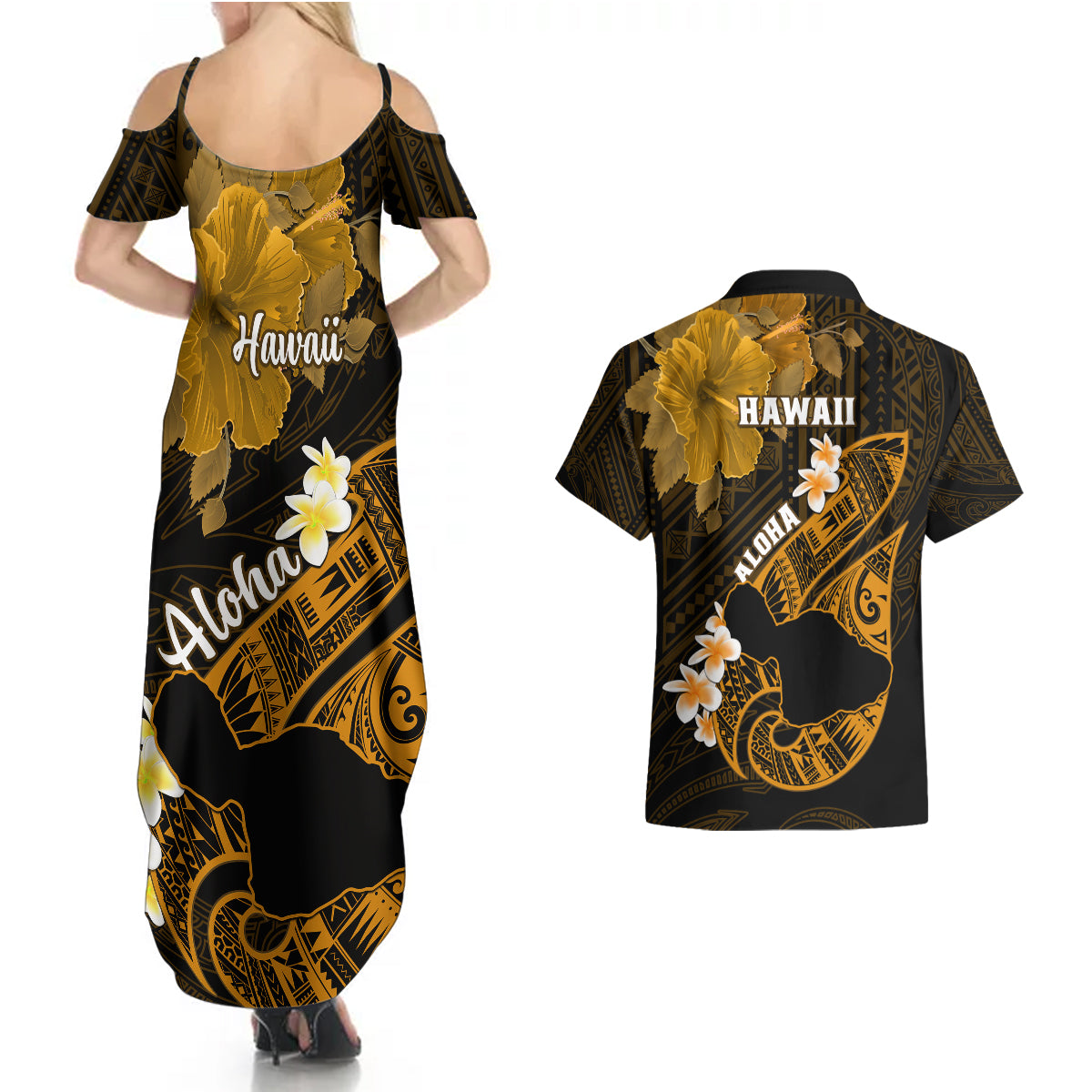 Hawaii Maui Couples Matching Summer Maxi Dress and Hawaiian Shirt Polynesian Fish Hook Hibiscus Gold Version LT05 - Polynesian Pride